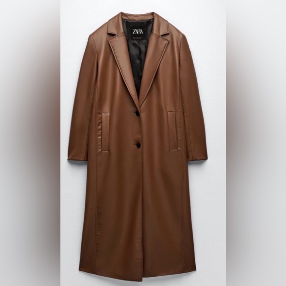 Zara Faux Leather Longline Duster Blazer Top Coat Jacket Cognac Brown Medium - Picture 2 of 11